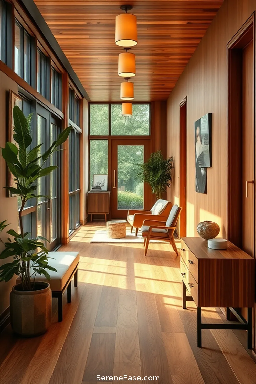 Choose Natural Wood Flooring for 21 Ways to Incorporate Earth Tones in Mid-Century Modern Hallways