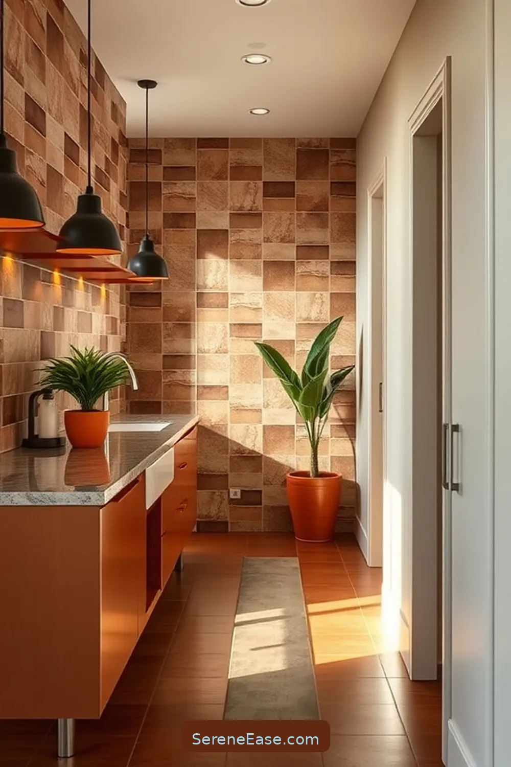 Install Earthy Tile Backsplashes for 21 Ways to Incorporate Earth Tones in Mid-Century Modern Hallways