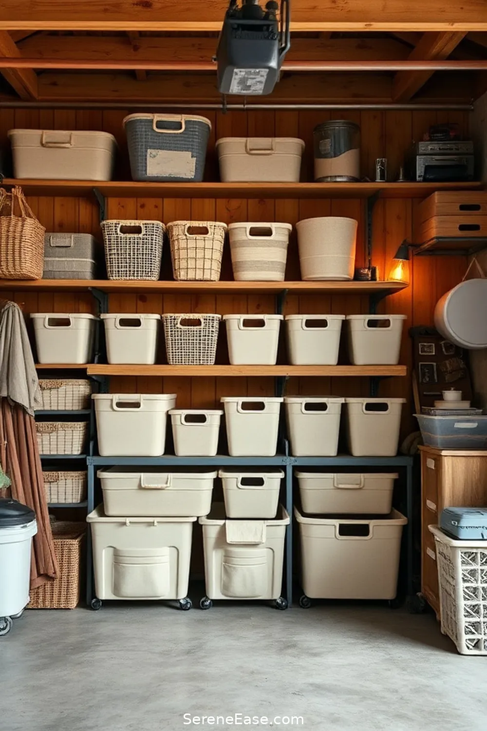 21 Ways to Incorporate Neutral Tones in Rustic Garage Style 22 Keep Clutter Organized With Neutral Storage Bins for 21 Ways to Incorporate Neutral Tones in Rustic Garage Style