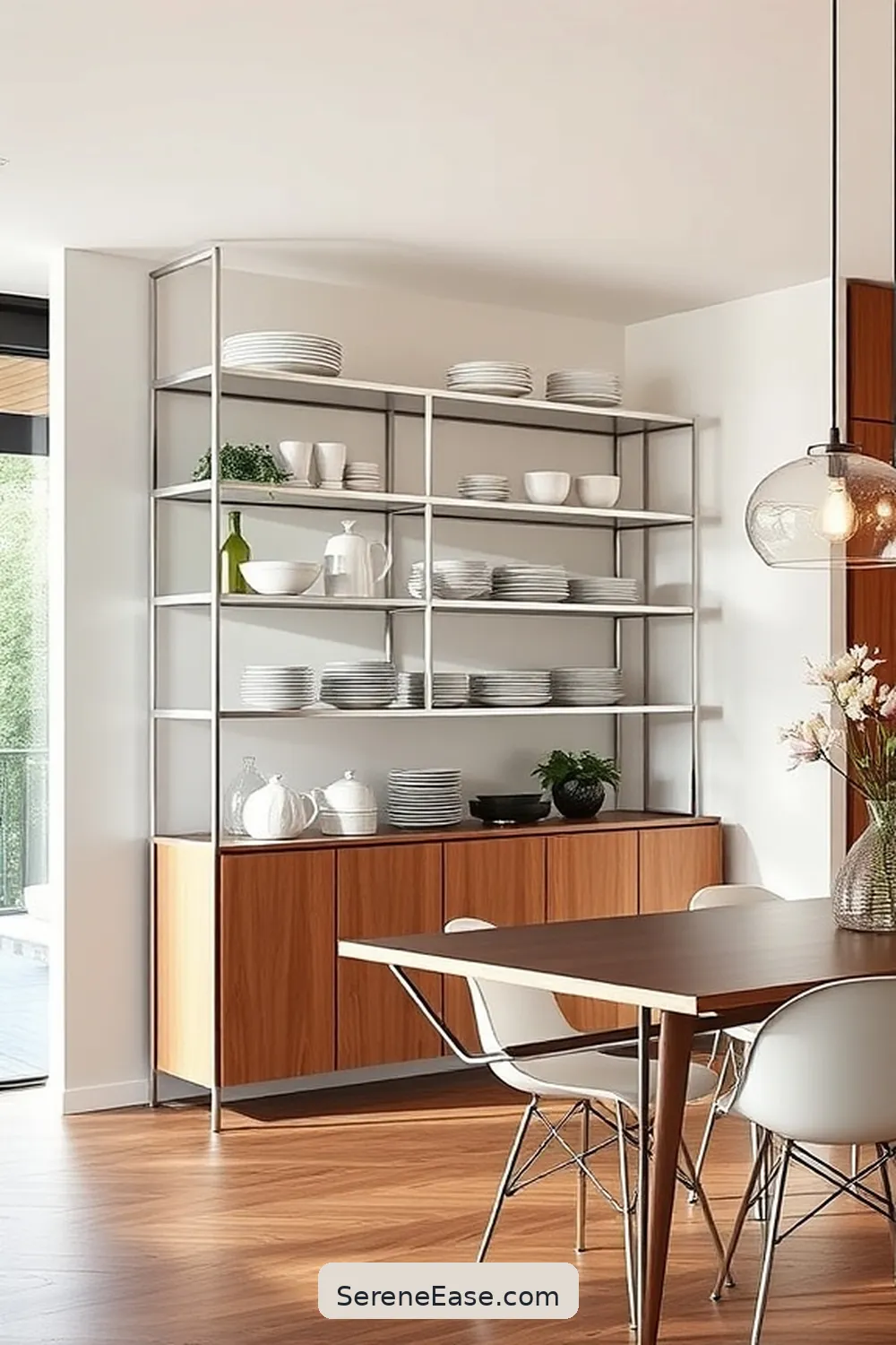21 Ways to Use Metallic Accents in a Minimalist Dining Room Style 13 Add Metallic Shelving for 21 Ways to Use Metallic Accents in a Minimalist Dining Room Style