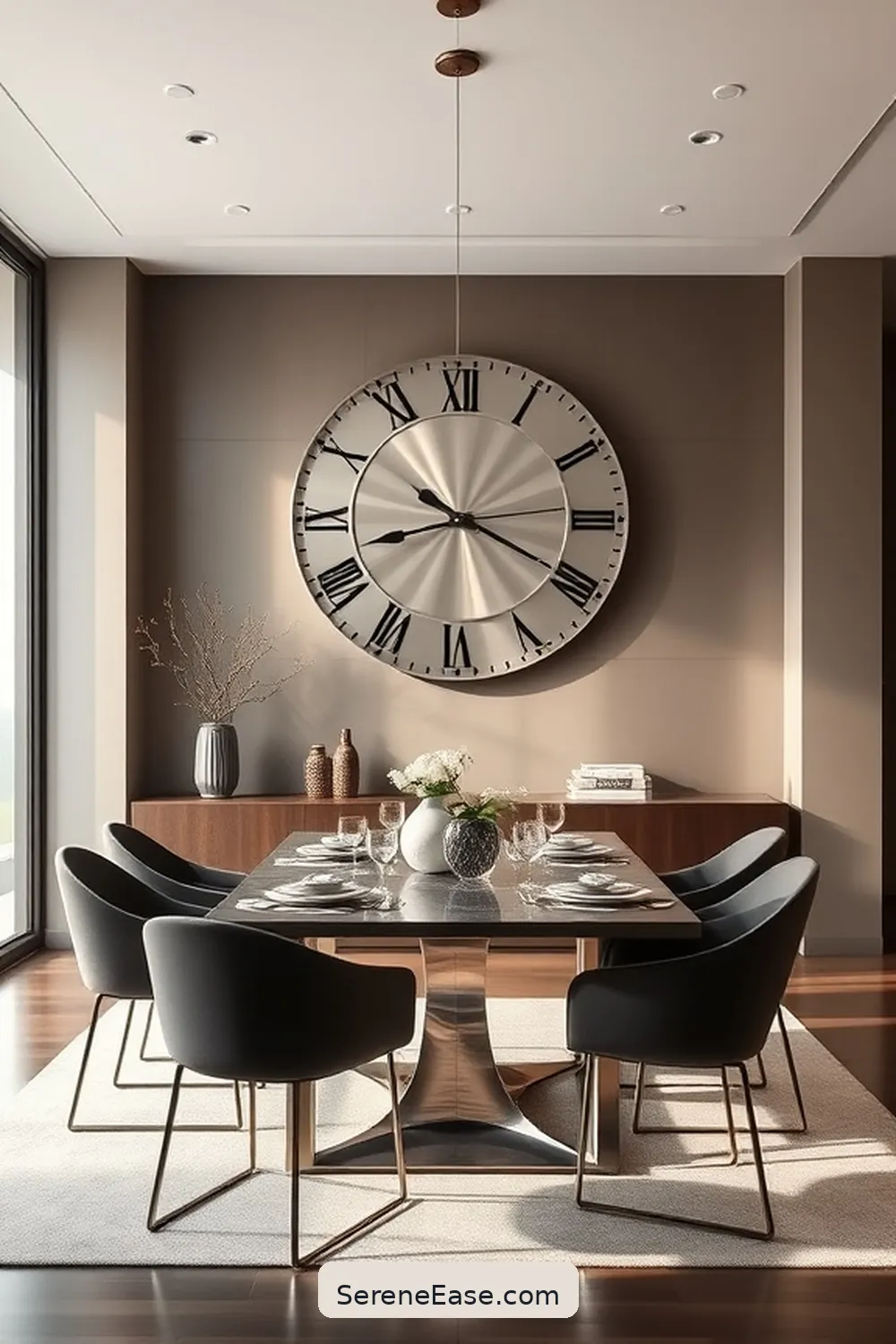 21 Ways to Use Metallic Accents in a Minimalist Dining Room Style 11 Install a Metallic Wall Clock for 21 Ways to Use Metallic Accents in a Minimalist Dining Room Style