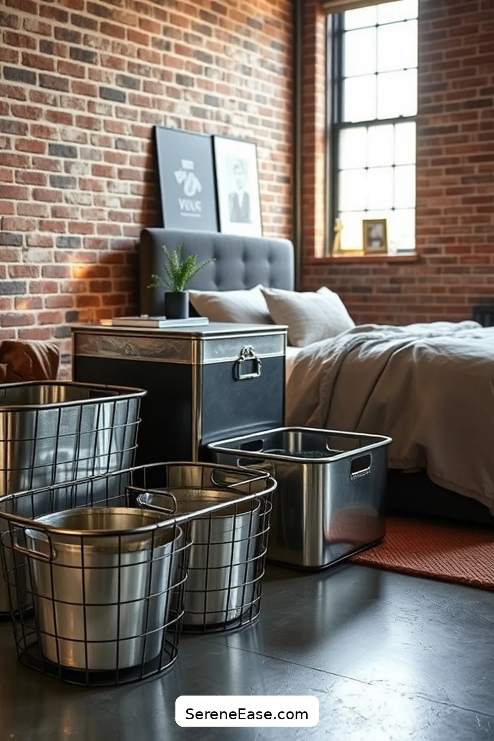 21 Ways to Use Metallic Accents in an Industrial Style Bedroom 20 Add Metallic Storage Baskets for 21 Ways to Use Metallic Accents in an Industrial Style Bedroom