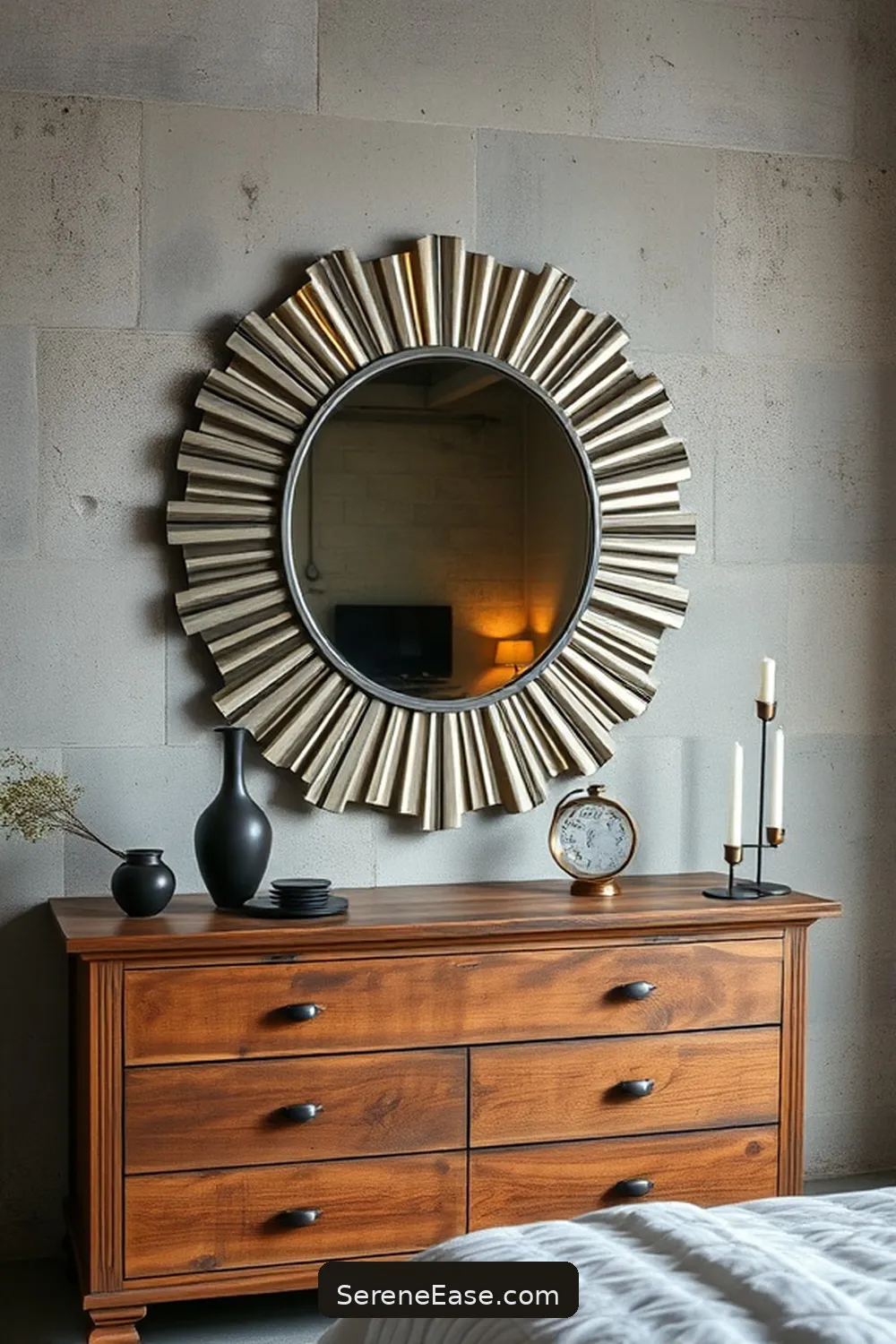 21 Ways to Use Metallic Accents in an Industrial Style Bedroom 7 Feature a Statement Metallic Mirror for 21 Ways to Use Metallic Accents in an Industrial Style Bedroom