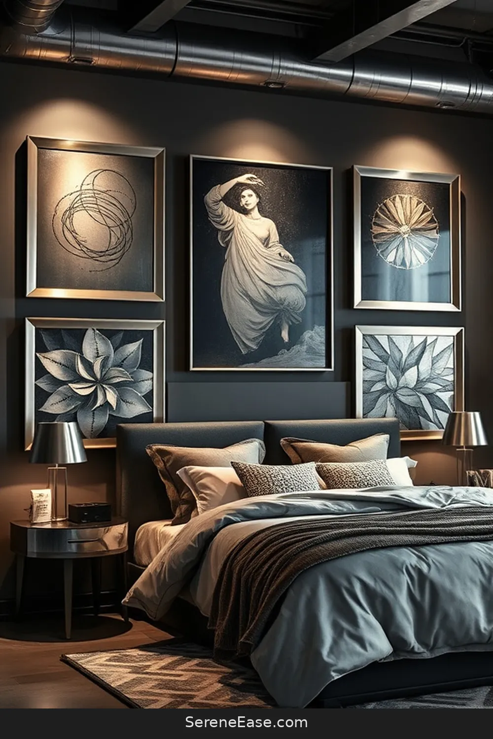 21 Ways to Use Metallic Accents in an Industrial Style Bedroom 22 Use Metallic Artwork Displays for 21 Ways to Use Metallic Accents in an Industrial Style Bedroom