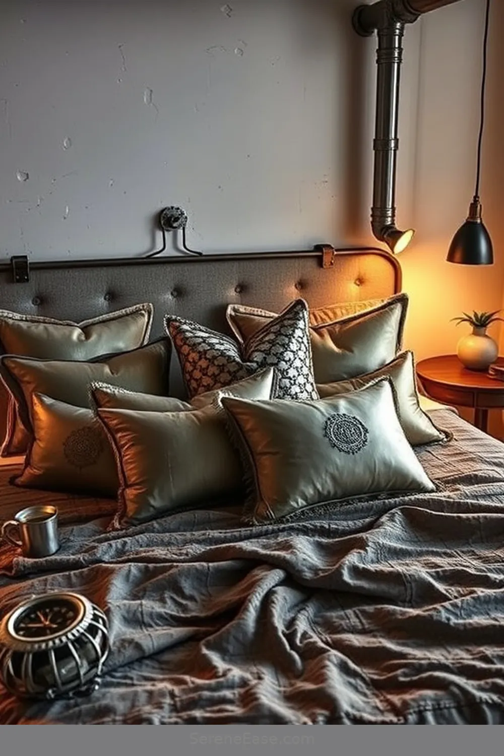 21 Ways to Use Metallic Accents in an Industrial Style Bedroom 10 Use Metallic Decorative Pillows for 21 Ways to Use Metallic Accents in an Industrial Style Bedroom