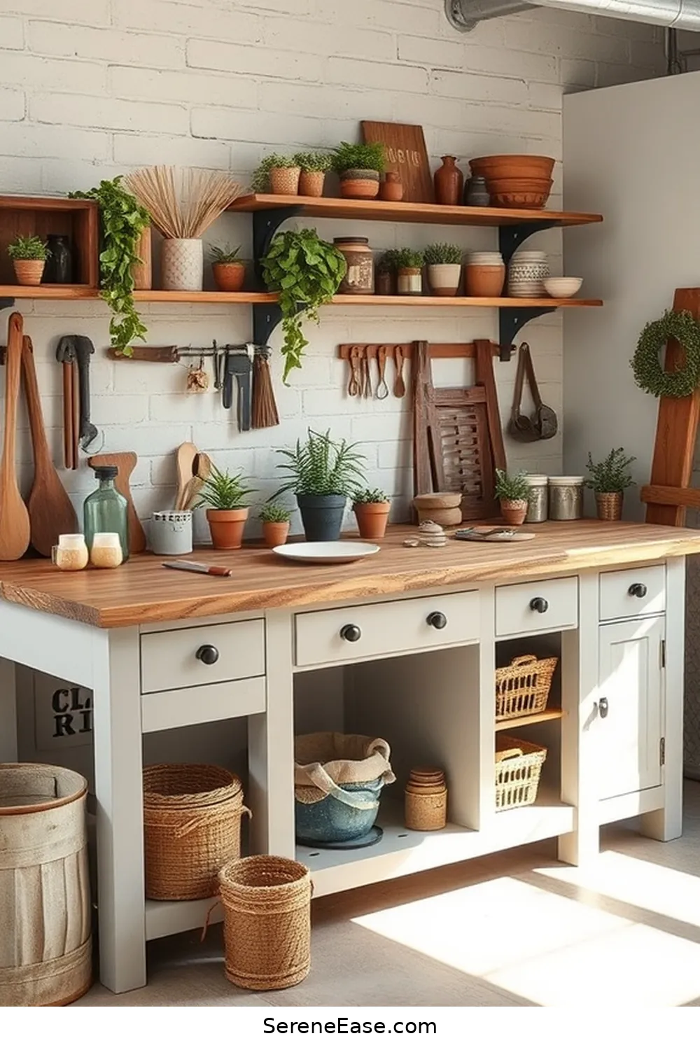 21 Ways to Use Neutral Tones in Your Garage With Modern Farmhouse Style 10 Incorporate a Farmhouse-Style Workbench for 21 Ways to Use Neutral Tones in Your Garage With Modern Farmhouse Style
