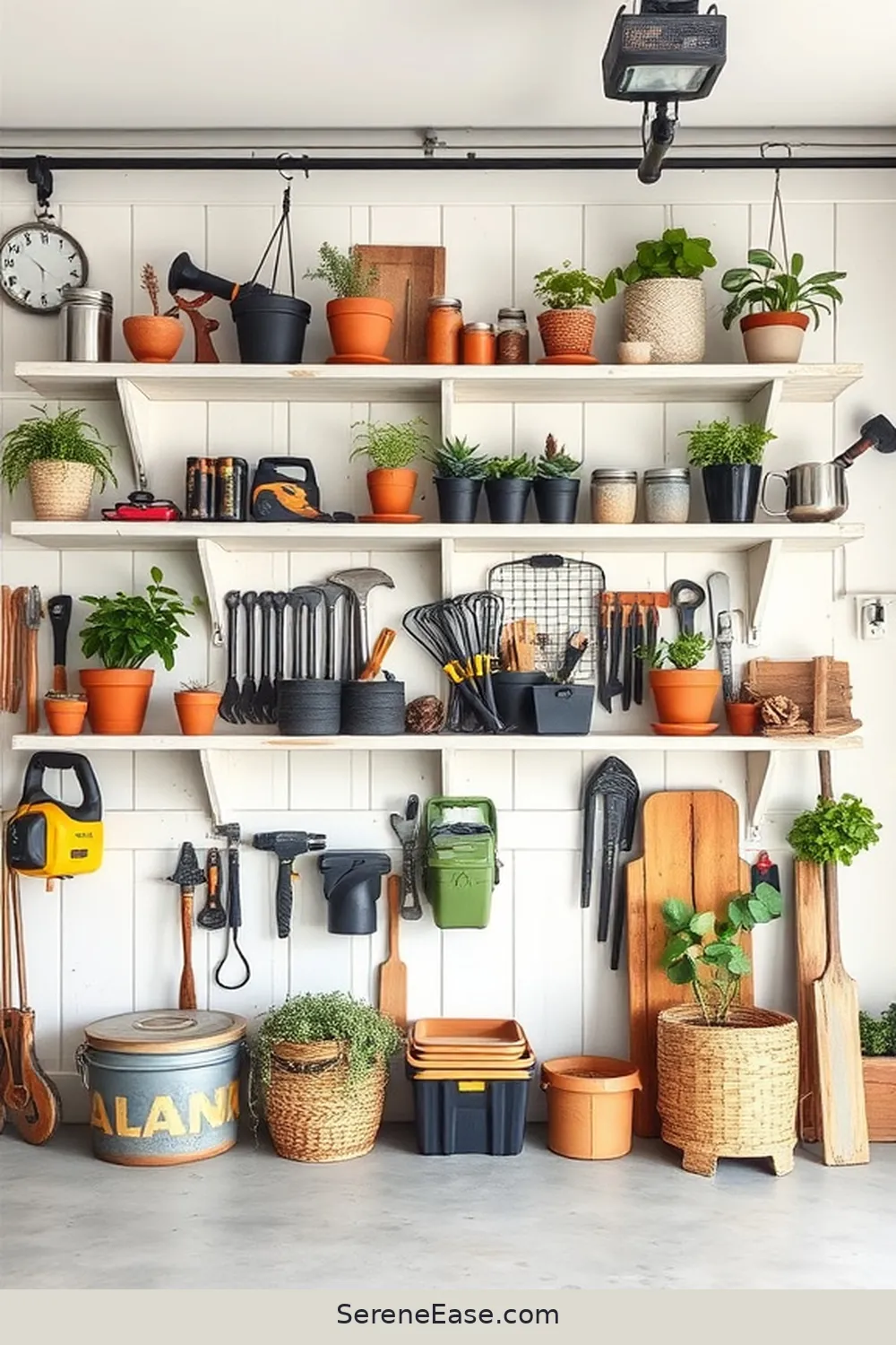 21 Ways to Use Neutral Tones in Your Garage With Modern Farmhouse Style 5 Use Wooden Shelves With a White Wash Finish for 21 Ways to Use Neutral Tones in Your Garage With Modern Farmhouse Style
