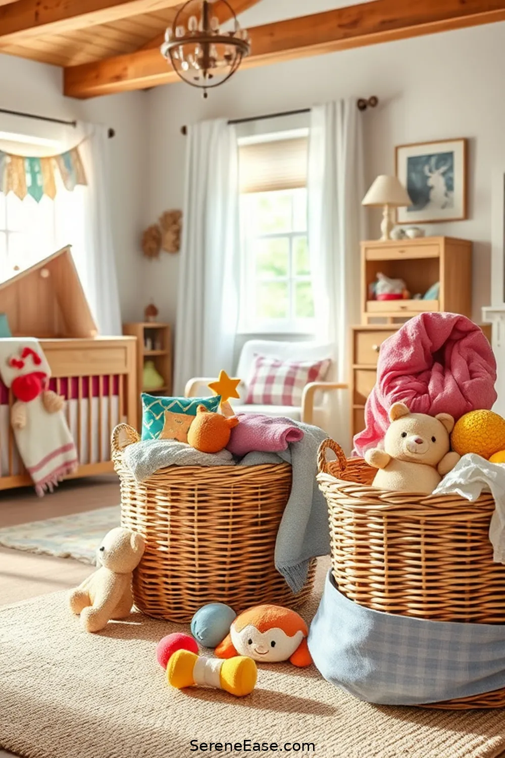 22 Bold and Bright Ideas for Rustic Nursery Style 19 Use Rustic Baskets for Organization for 22 Bold and Bright Ideas for Rustic Nursery Style