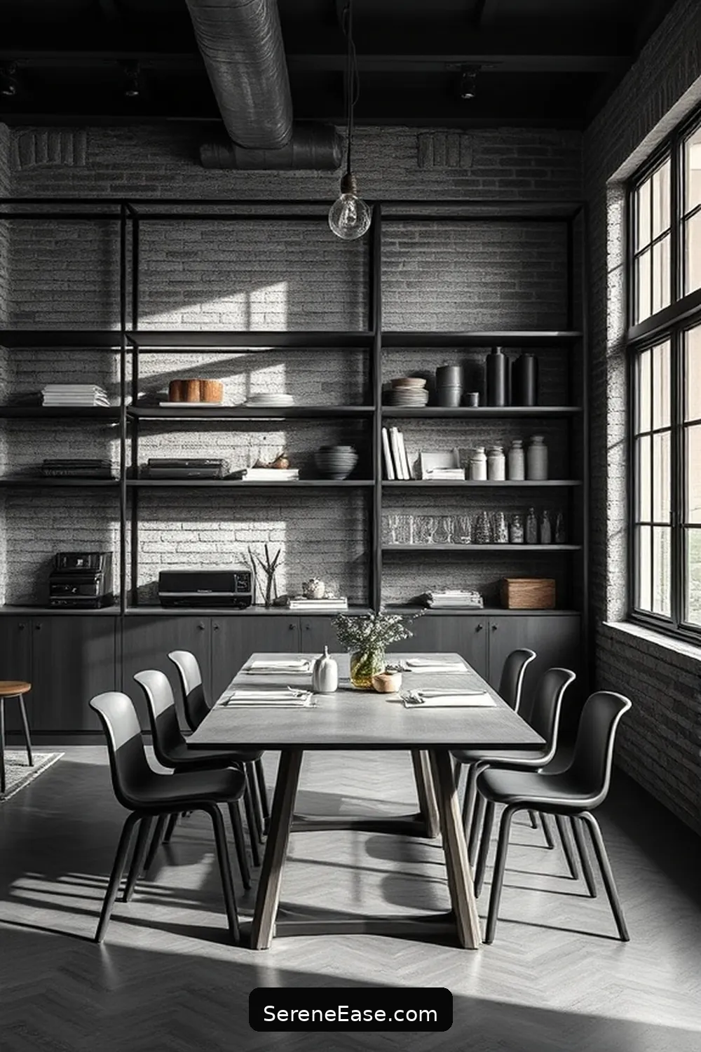 22 Ideas for Monochromatic Dining Room Industrial Style 10 Implement Open Shelving for 22 Ideas for Monochromatic Dining Room Industrial Style