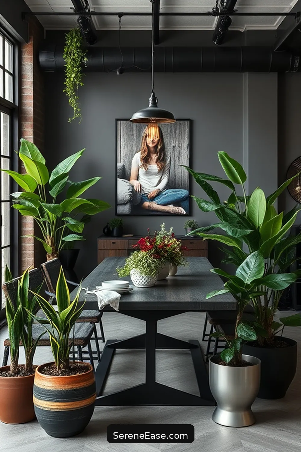 22 Ideas for Monochromatic Dining Room Industrial Style 16 Integrate Potted Plants for 22 Ideas for Monochromatic Dining Room Industrial Style