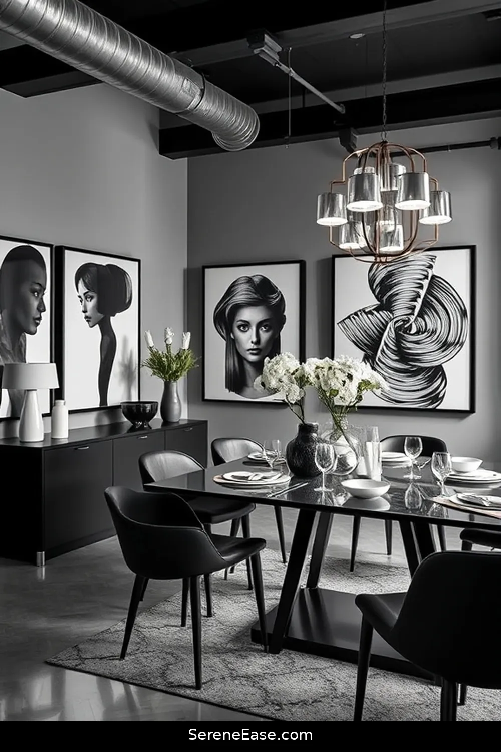 22 Ideas for Monochromatic Dining Room Industrial Style 5 Use Black and White Art for 22 Ideas for Monochromatic Dining Room Industrial Style
