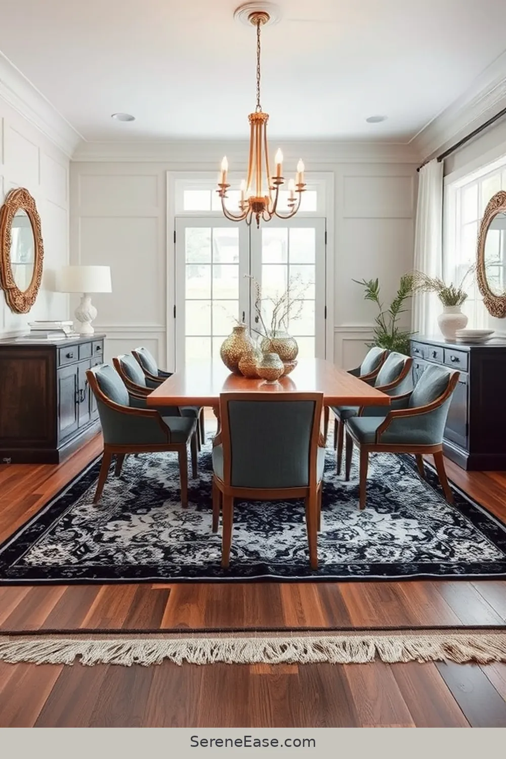 22 Stunning Black and White Coastal Style Dining Room Ideas 12 Layered Rugs for Added Depth for 22 Stunning Black and White Coastal Style Dining Room Ideas
