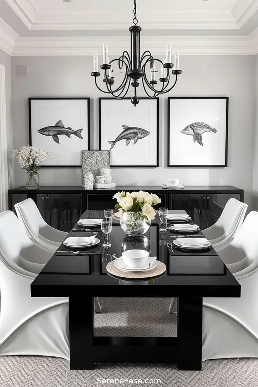 22 Stunning Black and White Coastal Style Dining Room Ideas 20 Monochrome Sea Life Prints for 22 Stunning Black and White Coastal Style Dining Room Ideas
