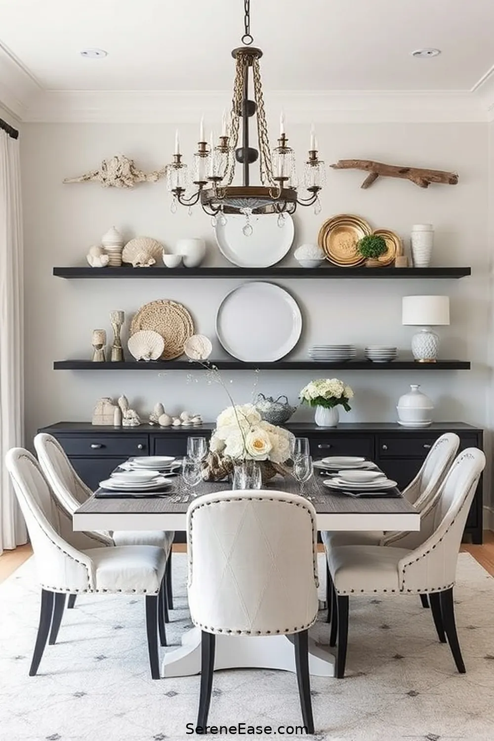 22 Stunning Black and White Coastal Style Dining Room Ideas 13 Open Shelving With Coastal Decor for 22 Stunning Black and White Coastal Style Dining Room Ideas