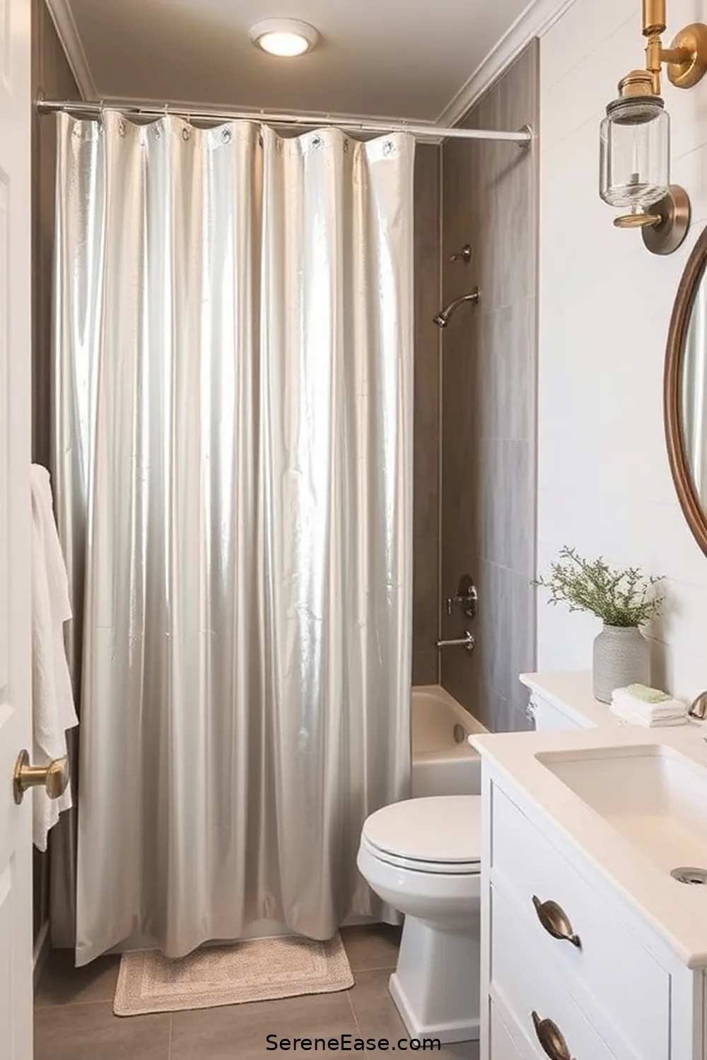 22 Stunning Metallic Accents to Elevate Your Modern Farmhouse Bathroom Style 18 Nickel Shower Curtains for 22 Stunning Metallic Accents to Elevate Your Modern Farmhouse Bathroom Style