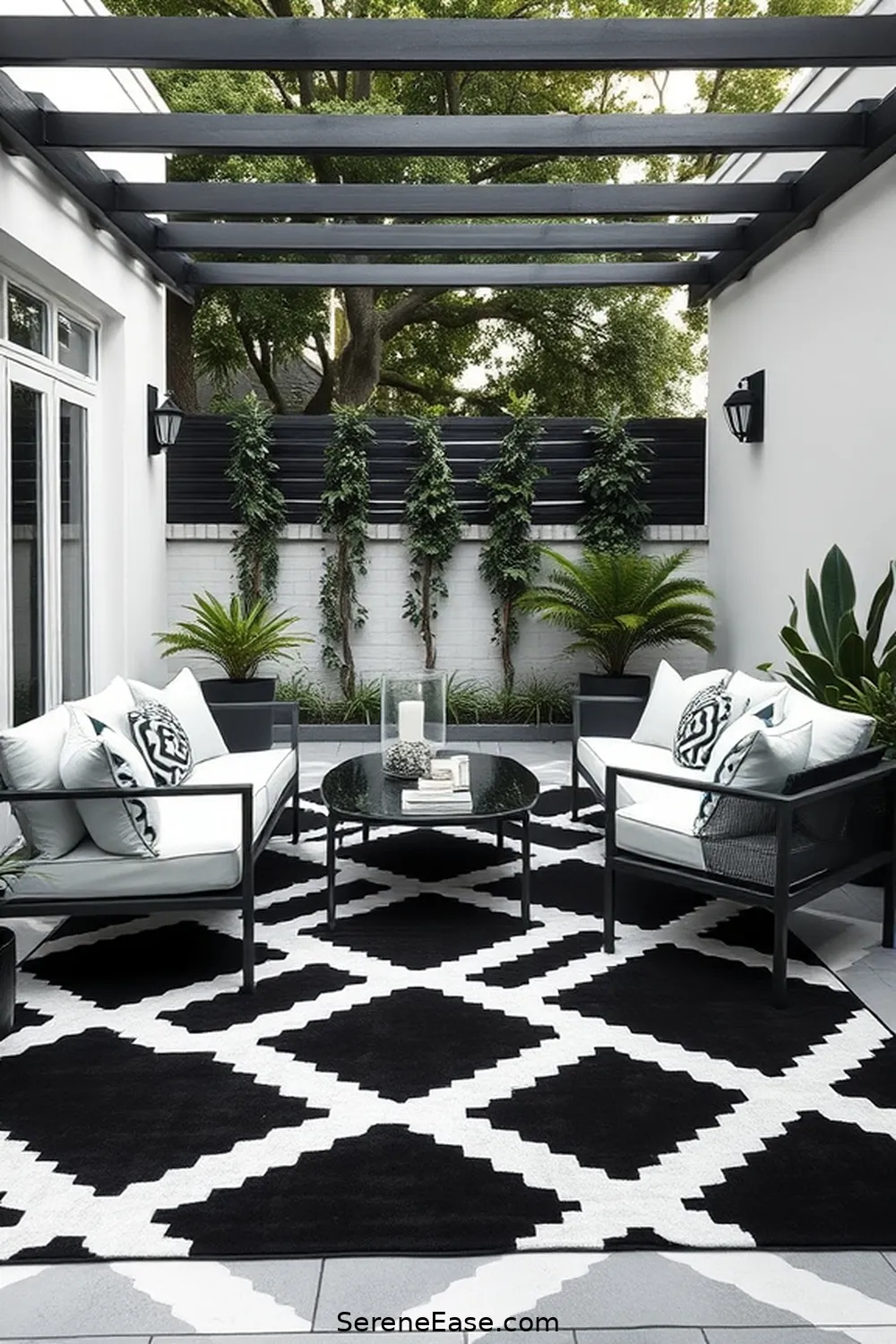 22 Ways to Achieve Black and White Outdoor Minimalist Patio Style 7 Create a Statement Area Rug for 22 Ways to Achieve Black and White Outdoor Minimalist Patio Style