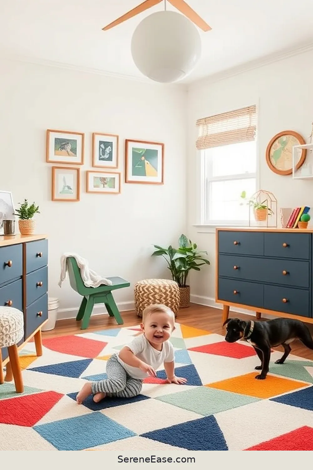 22 Ways to Create a Bold and Bright Nursery in Mid-Century Modern Style 15 Add a Fun Area Rug for 22 Ways to Create a Bold and Bright Nursery in Mid-Century Modern Style