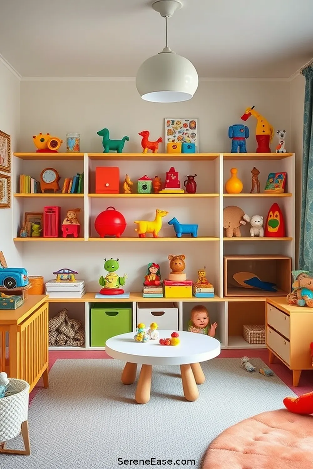 22 Ways to Create a Bold and Bright Nursery in Mid-Century Modern Style 22 Curate a Selection of Toys as Decor for 22 Ways to Create a Bold and Bright Nursery in Mid-Century Modern Style