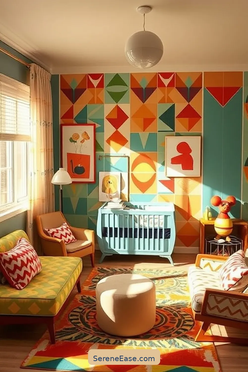 22 Ways to Create a Bold and Bright Nursery in Mid-Century Modern Style 3 Incorporate Geometric Patterns for 22 Ways to Create a Bold and Bright Nursery in Mid-Century Modern Style