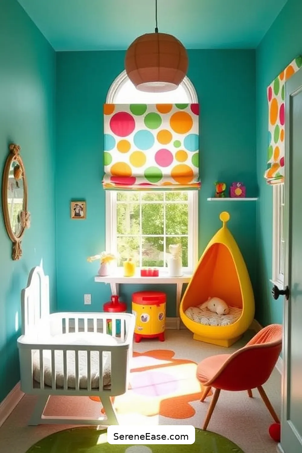 22 Ways to Create a Bold and Bright Nursery in Mid-Century Modern Style 17 Install Unique Window Treatments for 22 Ways to Create a Bold and Bright Nursery in Mid-Century Modern Style