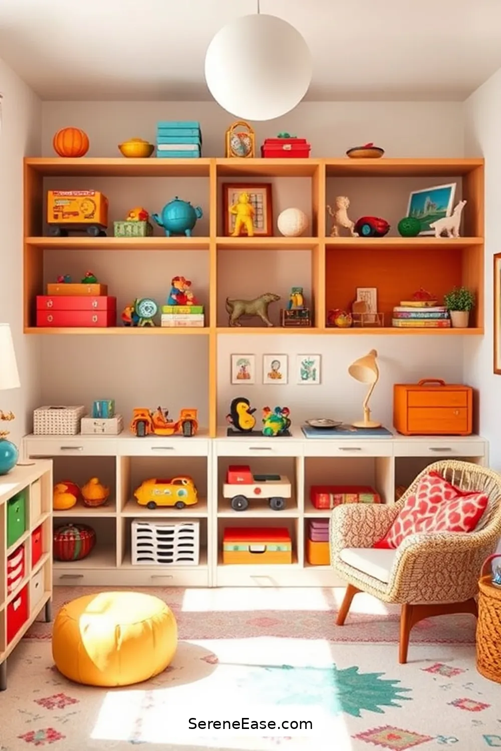 22 Ways to Create a Bold and Bright Nursery in Mid-Century Modern Style 13 Utilize Open Shelving for 22 Ways to Create a Bold and Bright Nursery in Mid-Century Modern Style