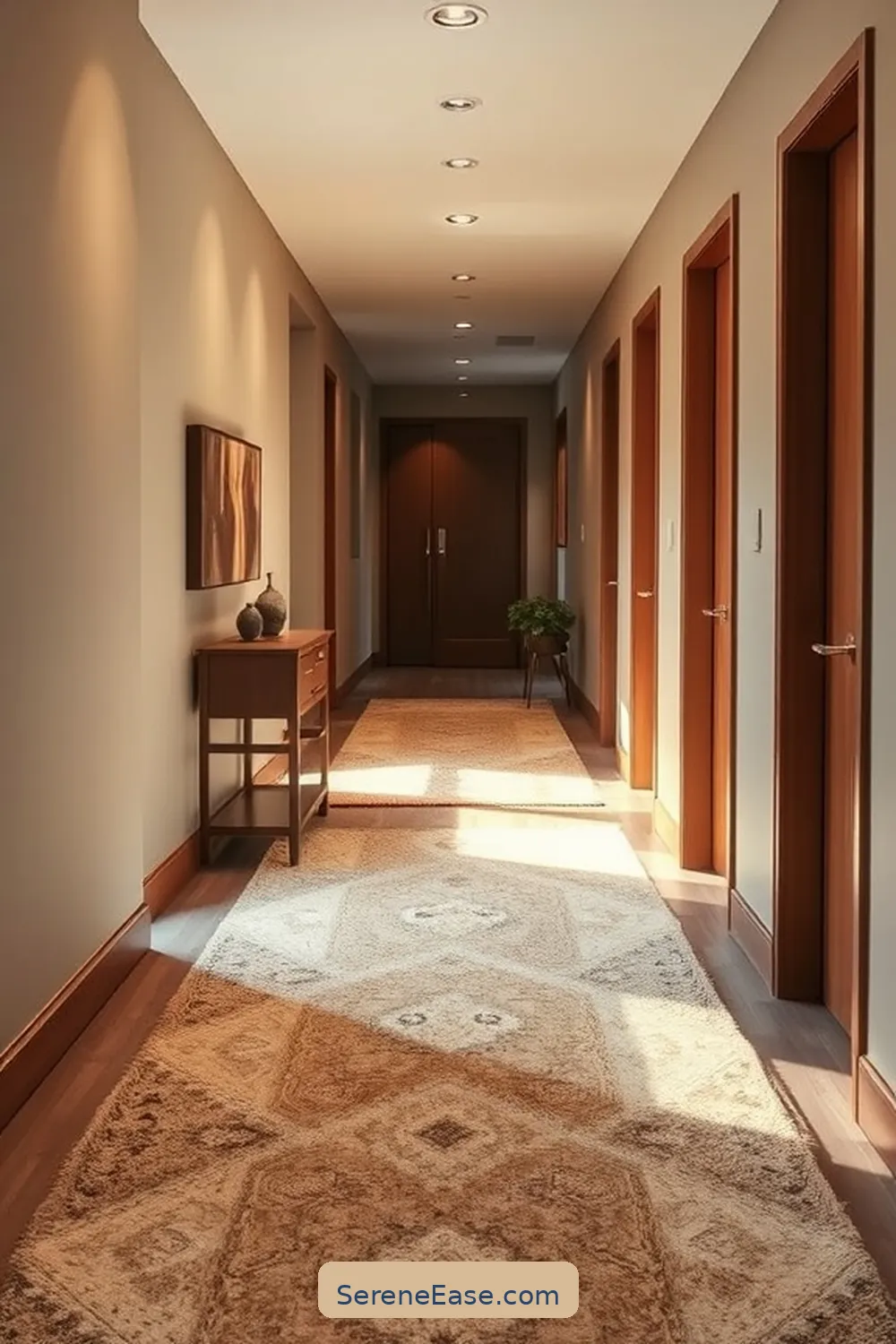 22 Ways to Create a Monochromatic Hallway in Mid-Century Modern Style 8 Add Layered Rugs for 22 Ways to Create a Monochromatic Hallway in Mid-Century Modern Style