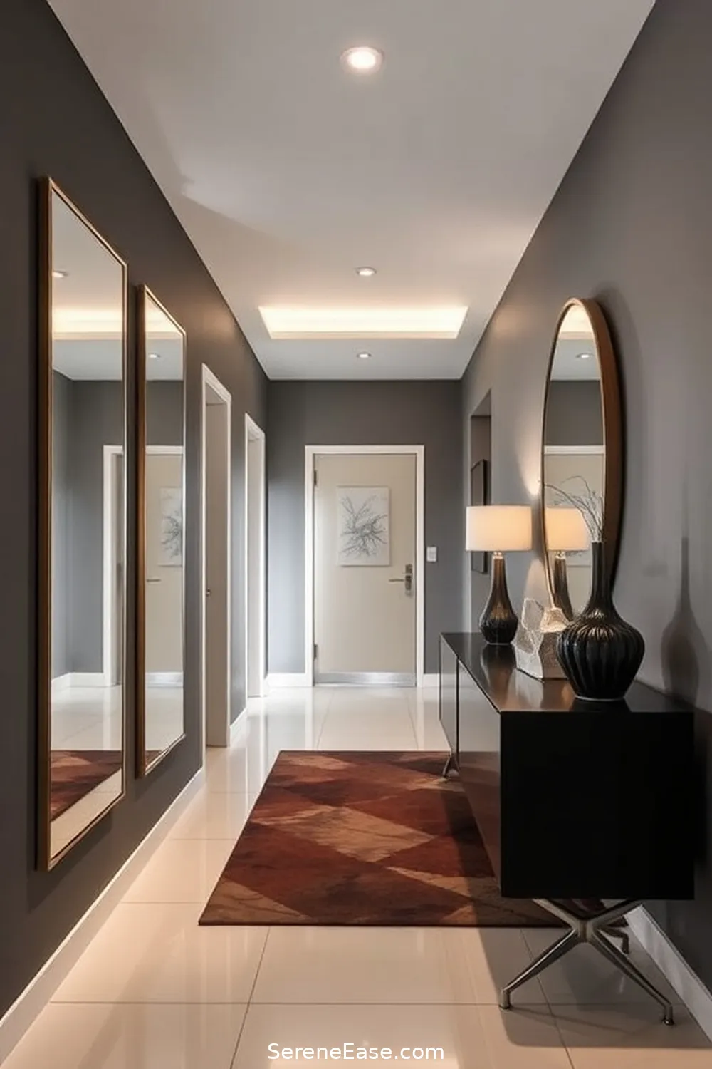 22 Ways to Create a Monochromatic Hallway in Mid-Century Modern Style 16 Incorporate Mirrors for Depth for 22 Ways to Create a Monochromatic Hallway in Mid-Century Modern Style