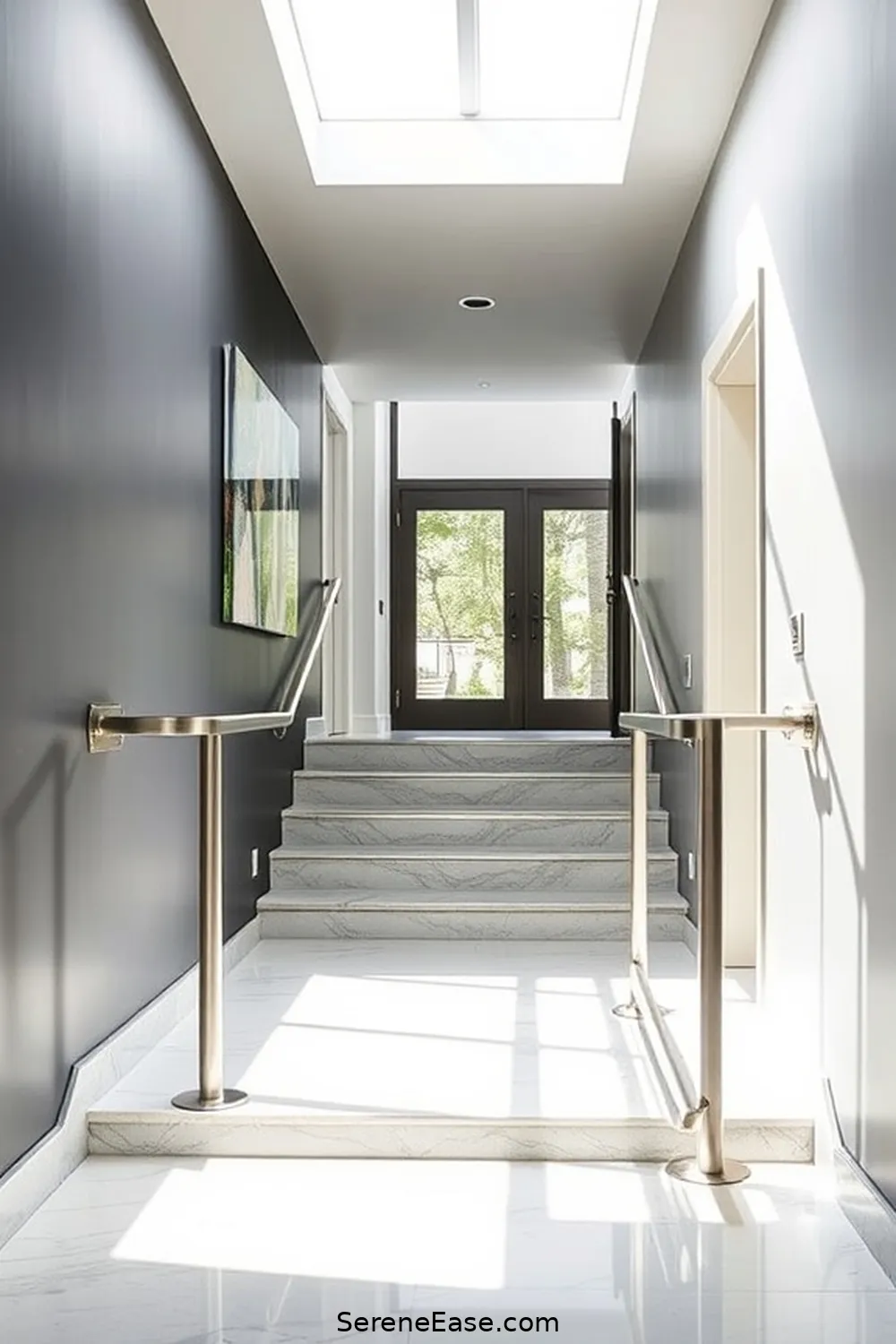 22 Ways to Create a Monochromatic Hallway in Mid-Century Modern Style 14 Install Sleek Handrails for 22 Ways to Create a Monochromatic Hallway in Mid-Century Modern Style