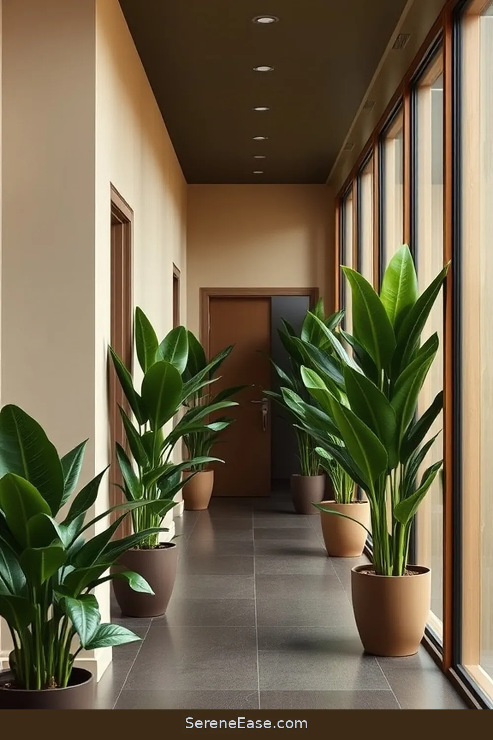 22 Ways to Create a Monochromatic Hallway in Mid-Century Modern Style 12 Integrate Indoor Plants for 22 Ways to Create a Monochromatic Hallway in Mid-Century Modern Style