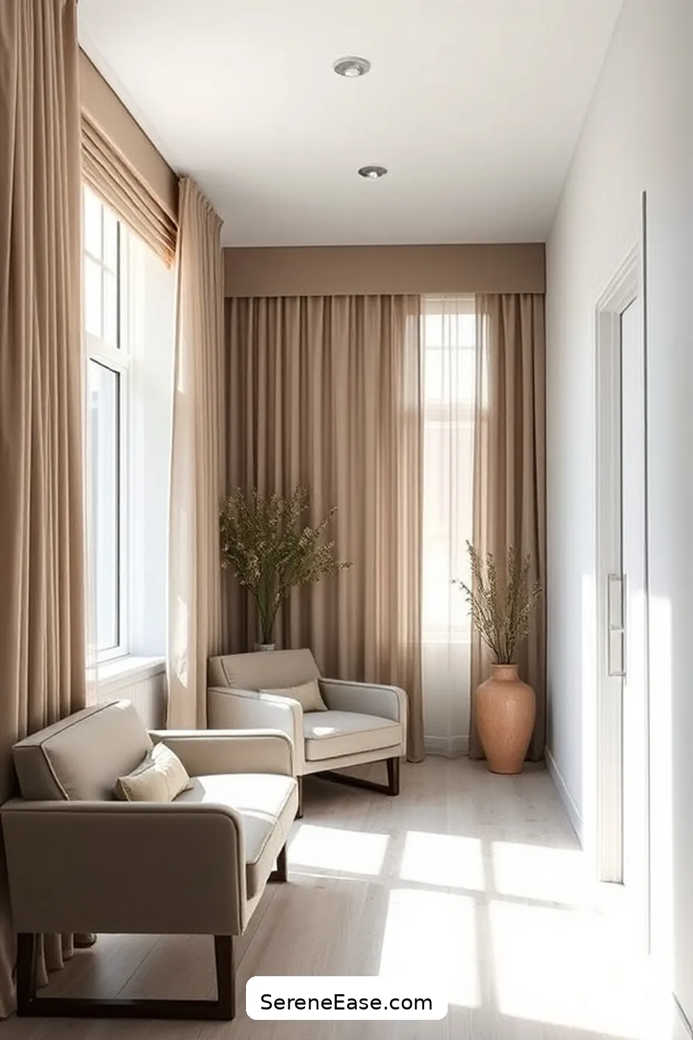 22 Ways to Create a Monochromatic Hallway in Mid-Century Modern Style 18 Utilize Window Treatments for 22 Ways to Create a Monochromatic Hallway in Mid-Century Modern Style
