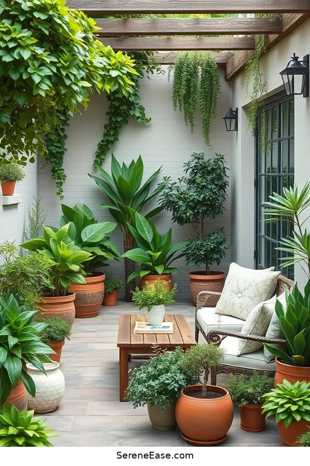 Add Potted Plants in Similar Hues for 22 Ways to Create a Monochromatic Outdoor Patio in Modern Farmhouse Style