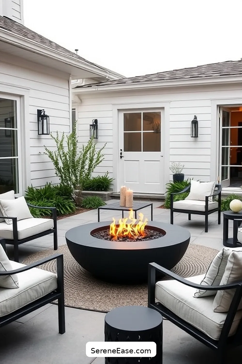 Add a Monochrome Fire Pit for 22 Ways to Create a Monochromatic Outdoor Patio in Modern Farmhouse Style