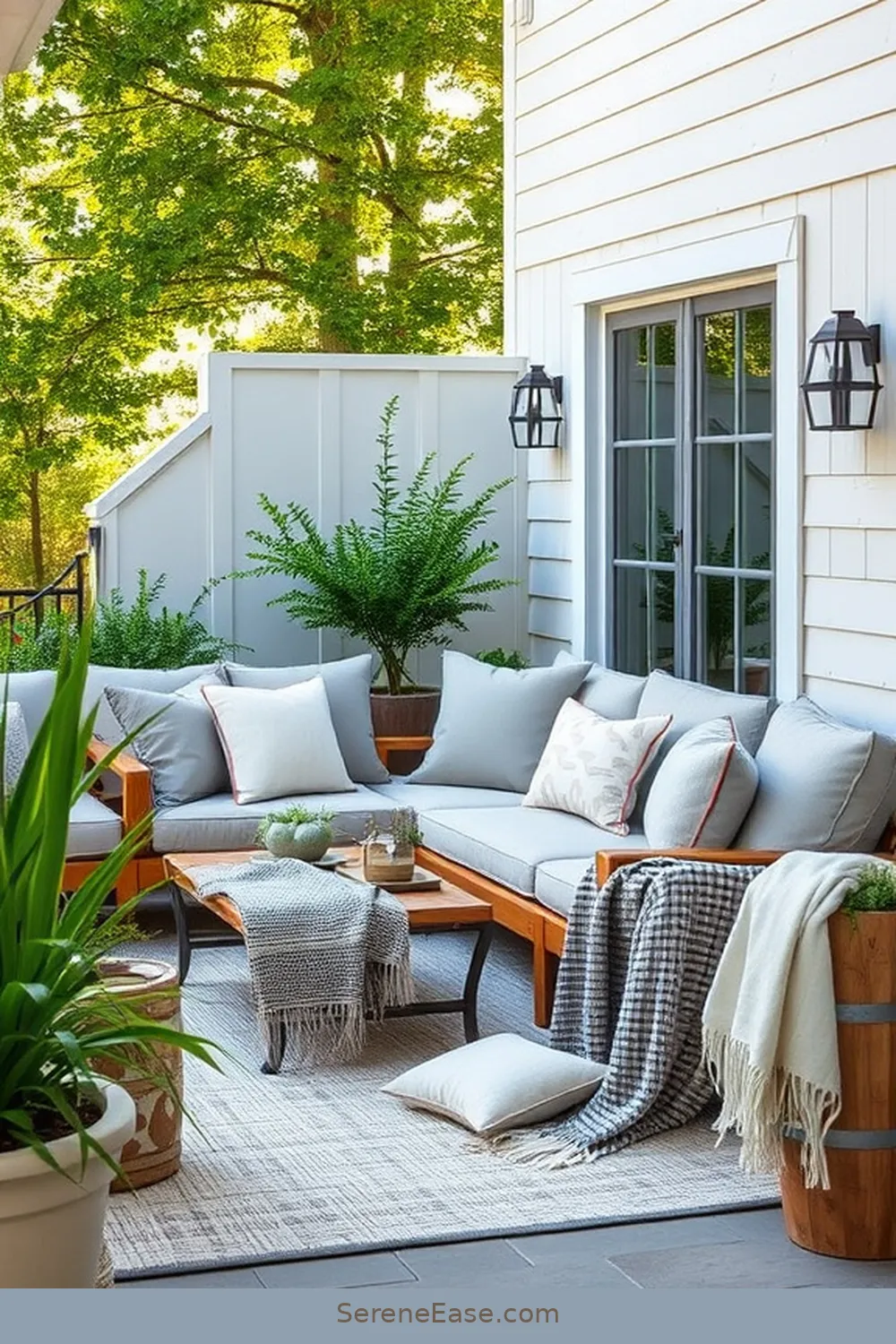 Choose Coordinated Cushions and Throws for 22 Ways to Create a Monochromatic Outdoor Patio in Modern Farmhouse Style