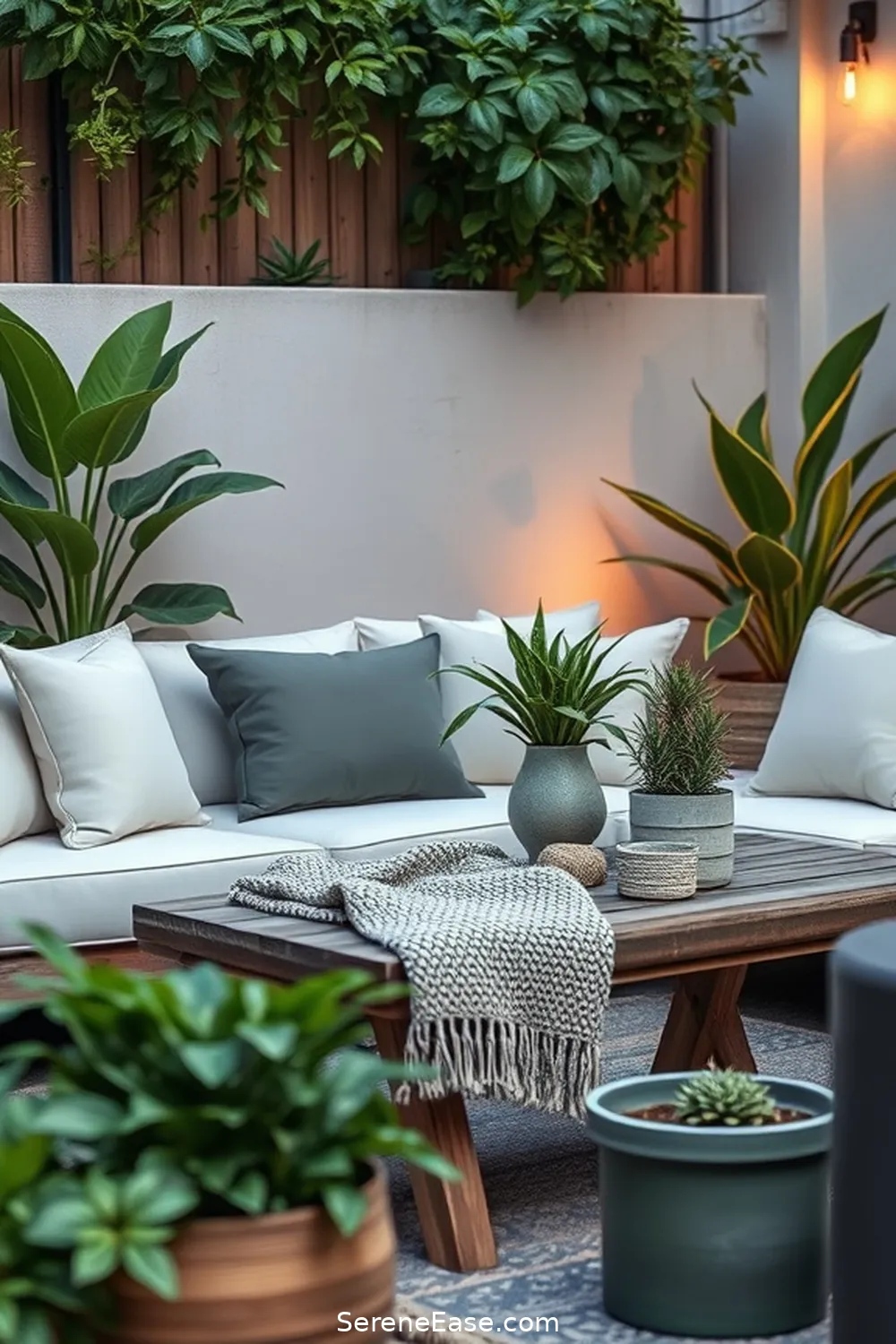 Create a Cozy Lounge Space for 22 Ways to Create a Monochromatic Outdoor Patio in Modern Farmhouse Style