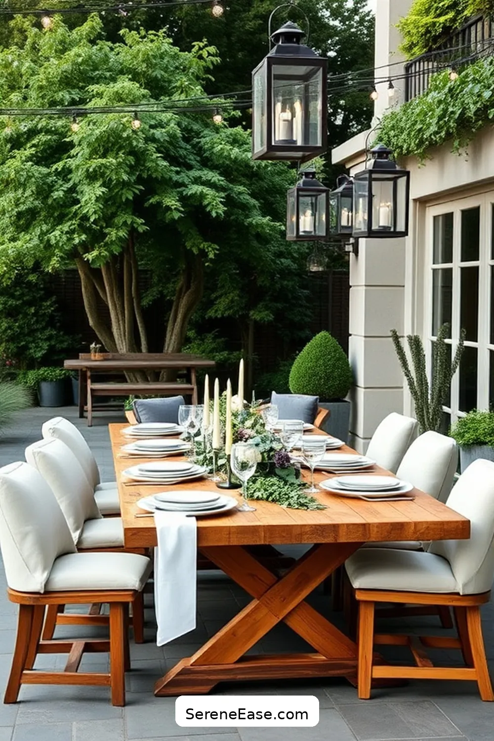 Create an Outdoor Dining Area for 22 Ways to Create a Monochromatic Outdoor Patio in Modern Farmhouse Style