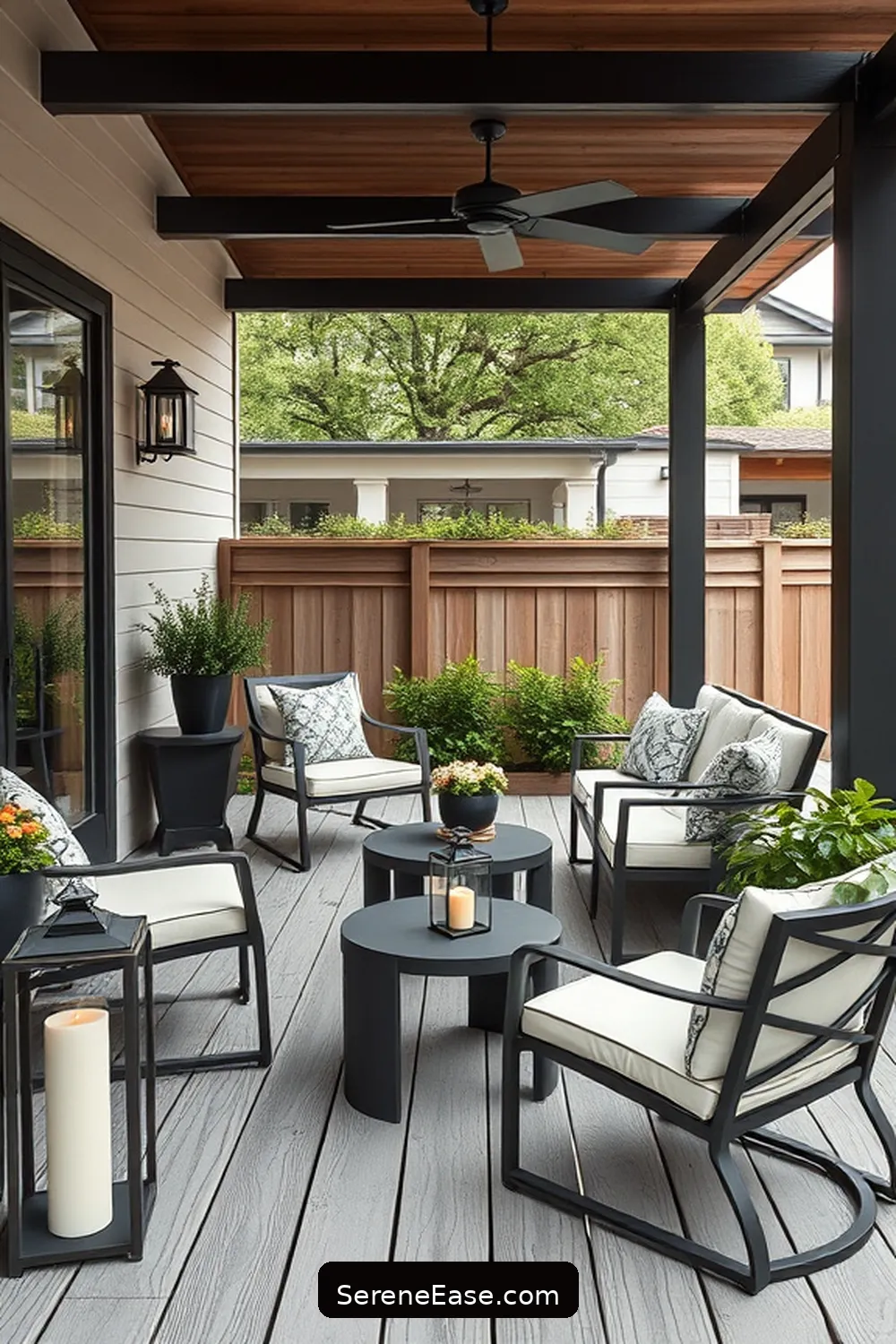 Incorporate Metal Accents for 22 Ways to Create a Monochromatic Outdoor Patio in Modern Farmhouse Style