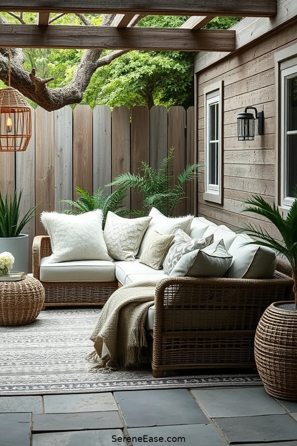 Incorporate Textured Fabrics for 22 Ways to Create a Monochromatic Outdoor Patio in Modern Farmhouse Style