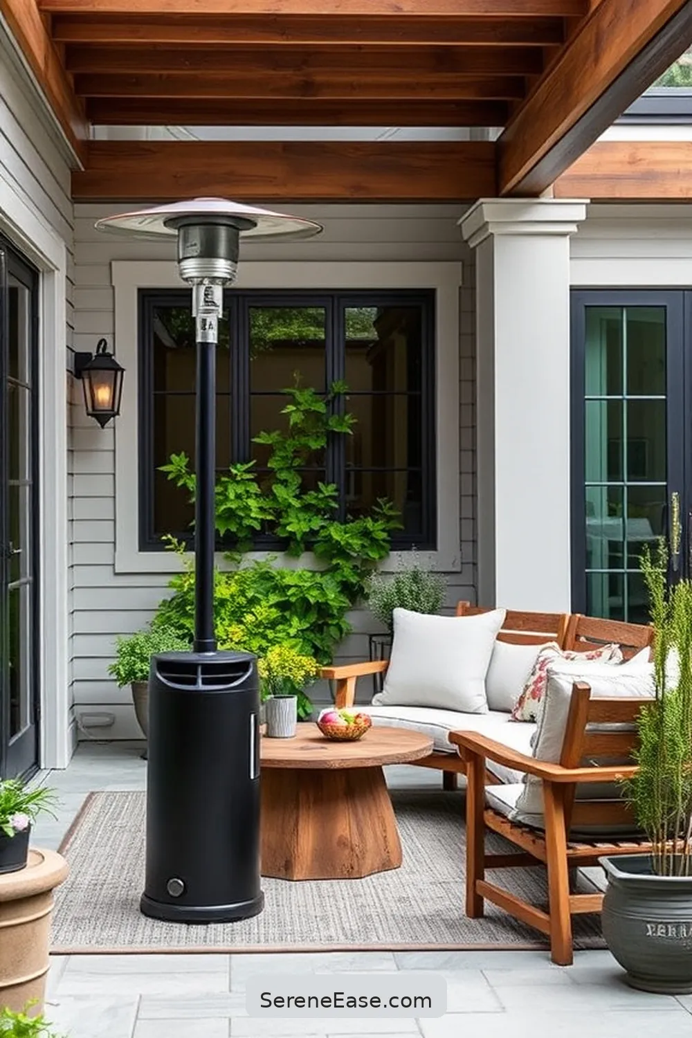Incorporate a Monochromatic Outdoor Heater for 22 Ways to Create a Monochromatic Outdoor Patio in Modern Farmhouse Style