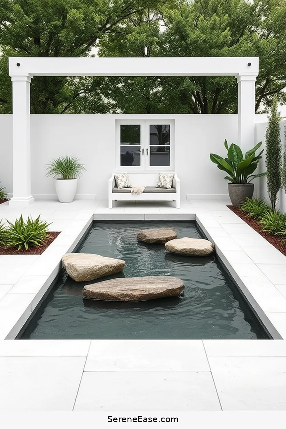 Incorporate a Water Feature for 22 Ways to Create a Monochromatic Outdoor Patio in Modern Farmhouse Style