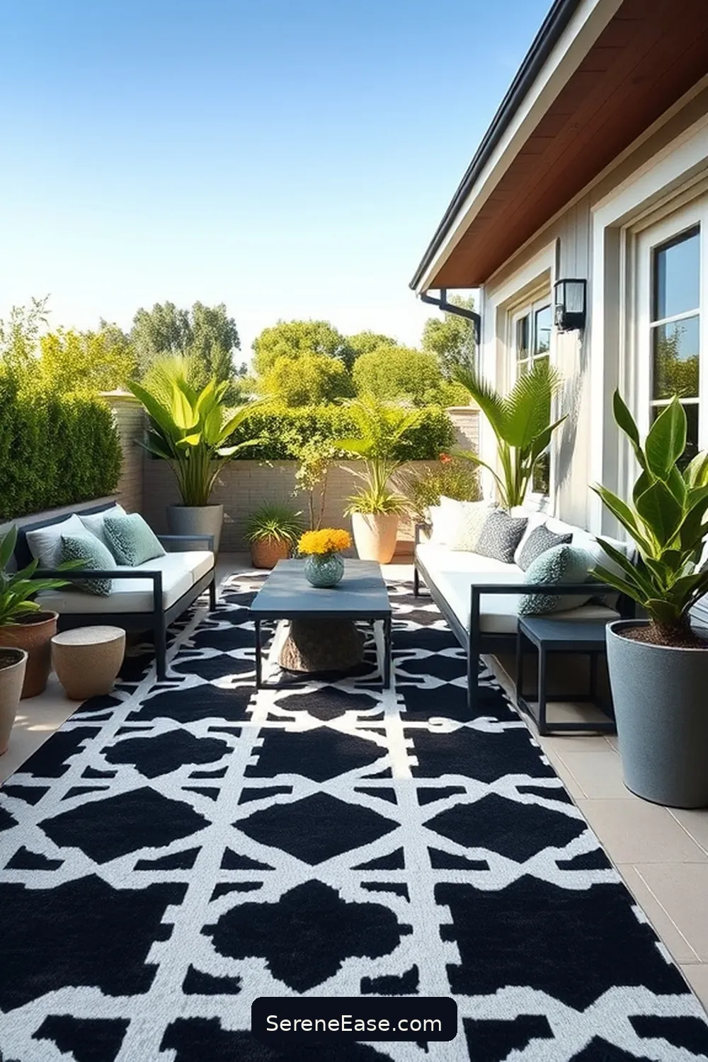 Opt for a Statement Rug for 22 Ways to Create a Monochromatic Outdoor Patio in Modern Farmhouse Style