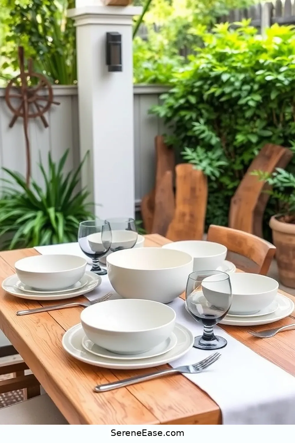 Select Matching Dinnerware for 22 Ways to Create a Monochromatic Outdoor Patio in Modern Farmhouse Style
