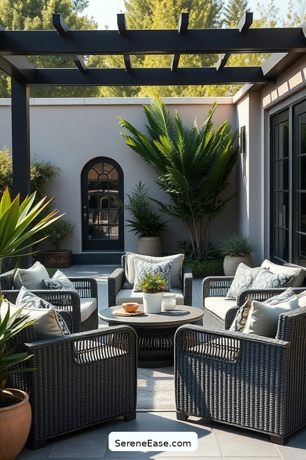 Select Monochromatic Furniture for 22 Ways to Create a Monochromatic Outdoor Patio in Modern Farmhouse Style
