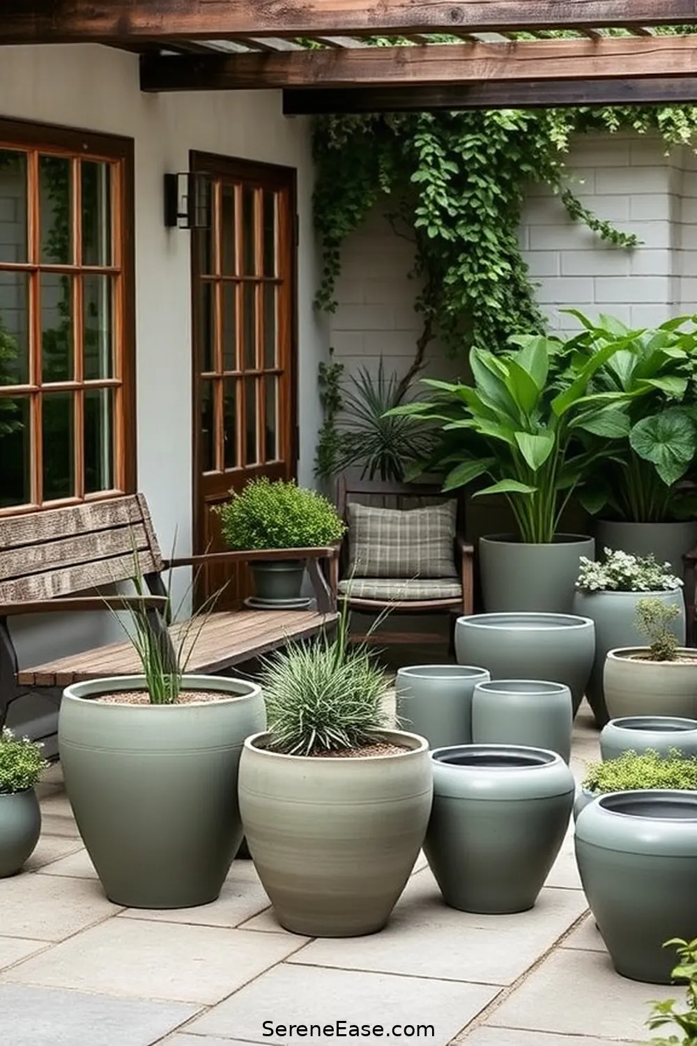 Select a Uniform Color for Planters for 22 Ways to Create a Monochromatic Outdoor Patio in Modern Farmhouse Style