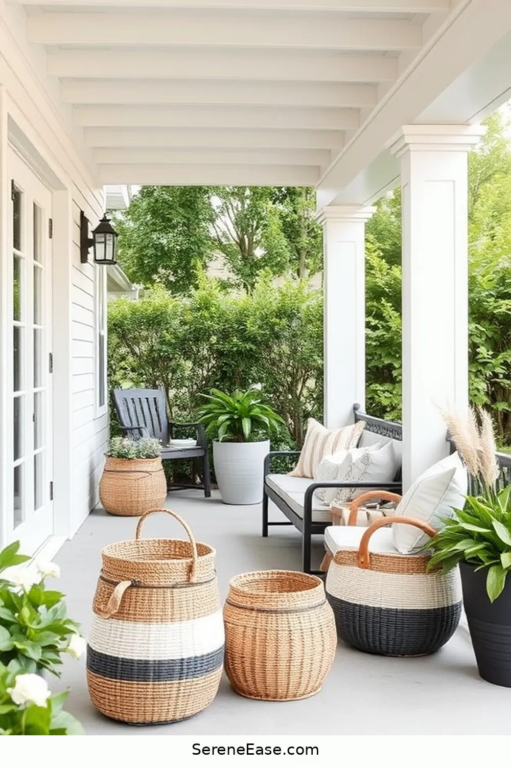 Use Decorative Baskets for Storage for 22 Ways to Create a Monochromatic Outdoor Patio in Modern Farmhouse Style