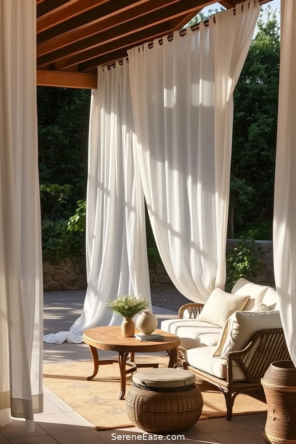 Use Outdoor Curtains for Softness for 22 Ways to Create a Monochromatic Outdoor Patio in Modern Farmhouse Style