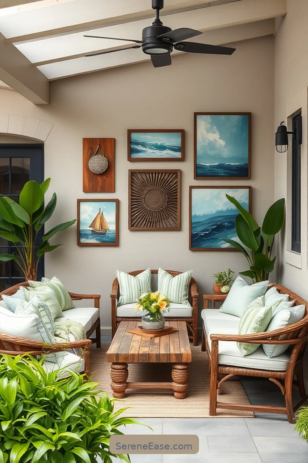Use Wall Art With a Unified Color Scheme for 22 Ways to Create a Monochromatic Outdoor Patio in Modern Farmhouse Style
