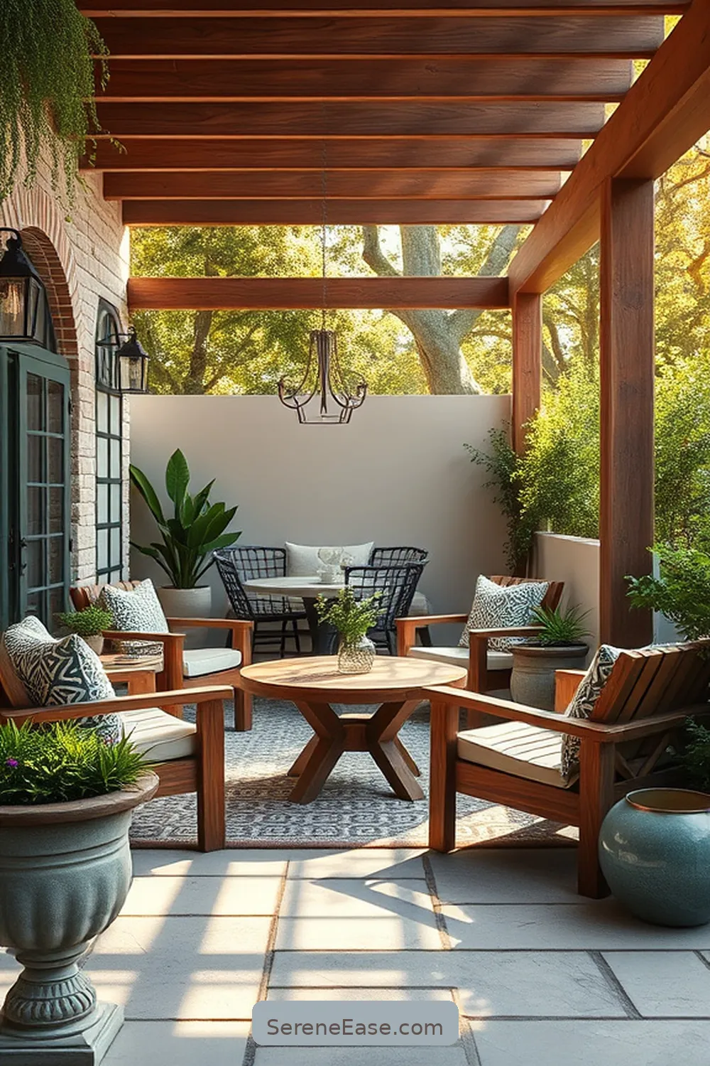 Utilize Natural Materials for 22 Ways to Create a Monochromatic Outdoor Patio in Modern Farmhouse Style