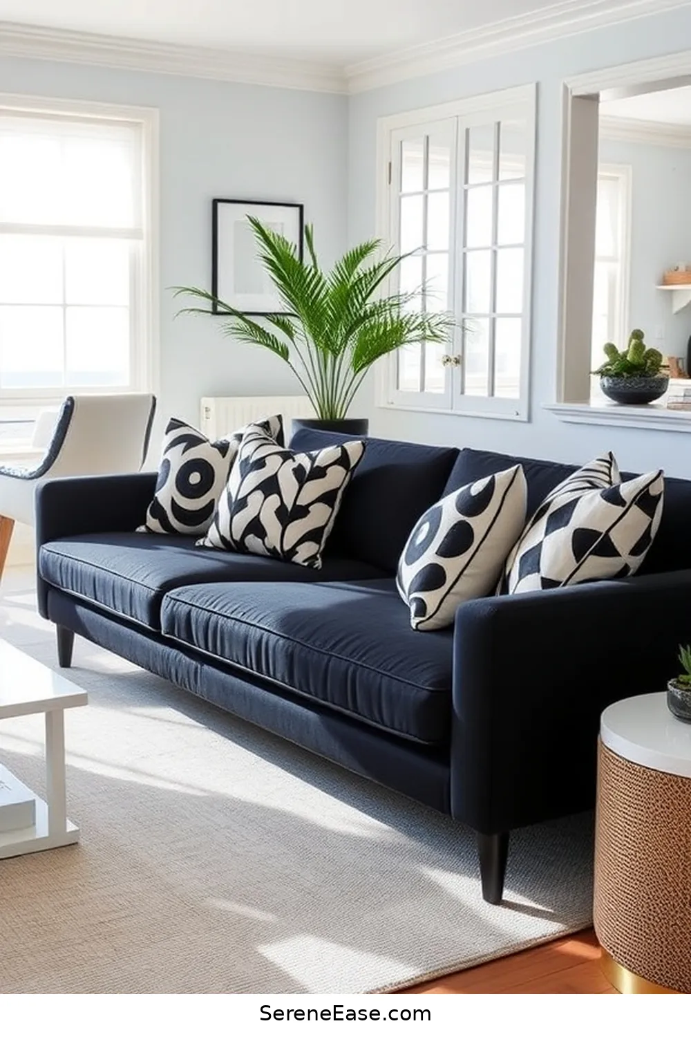 22 Ways to Incorporate Black and White Style in Your Coastal Living Room 14 Add a Statement Black Sofa for 22 Ways to Incorporate Black and White Style in Your Coastal Living Room
