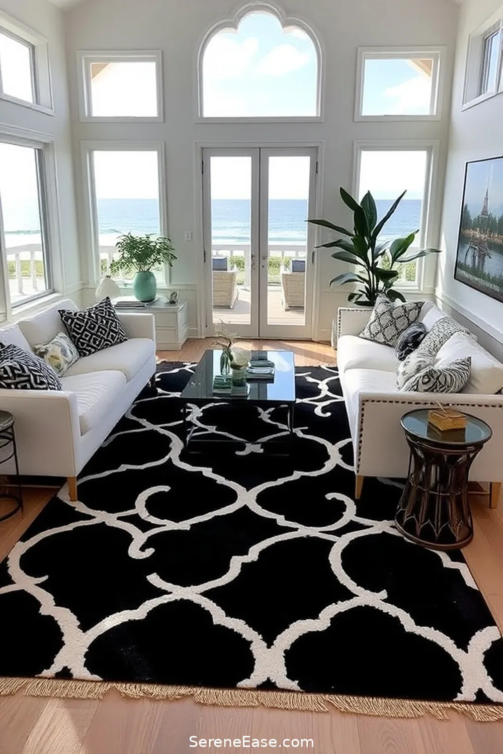 22 Ways to Incorporate Black and White Style in Your Coastal Living Room 7 Opt for Black and White Area Rugs for 22 Ways to Incorporate Black and White Style in Your Coastal Living Room