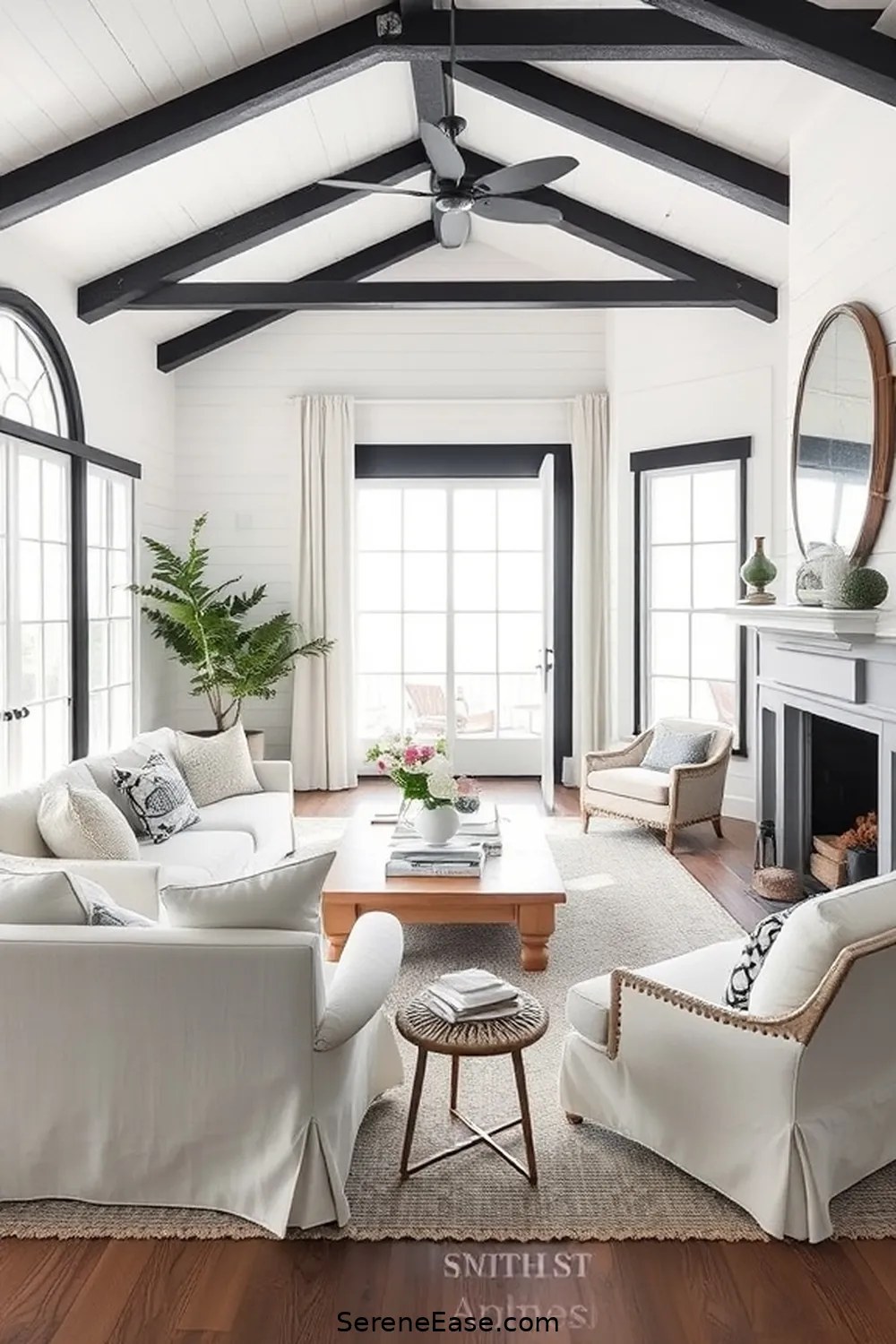 22 Ways to Incorporate Black and White Style in Your Coastal Living Room 9 Use Whitewashed Walls With Black Trim for 22 Ways to Incorporate Black and White Style in Your Coastal Living Room